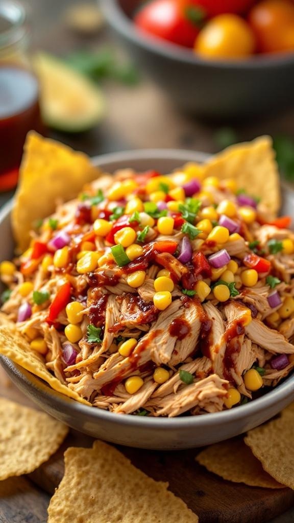 A colorful bowl of barbecue rotisserie chicken salad topped with corn, red peppers, and green onions, served with tortilla chips.
