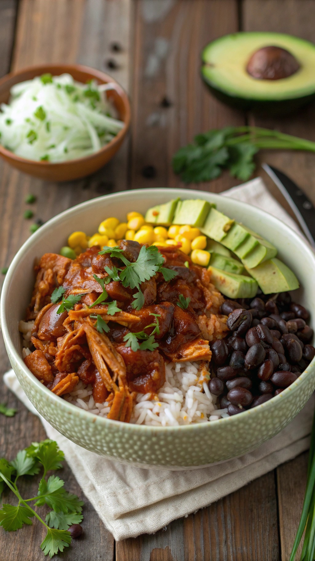 A colorful BBQ chicken and rice bowl with black beans, corn, avocado, and garnished with cilantro.