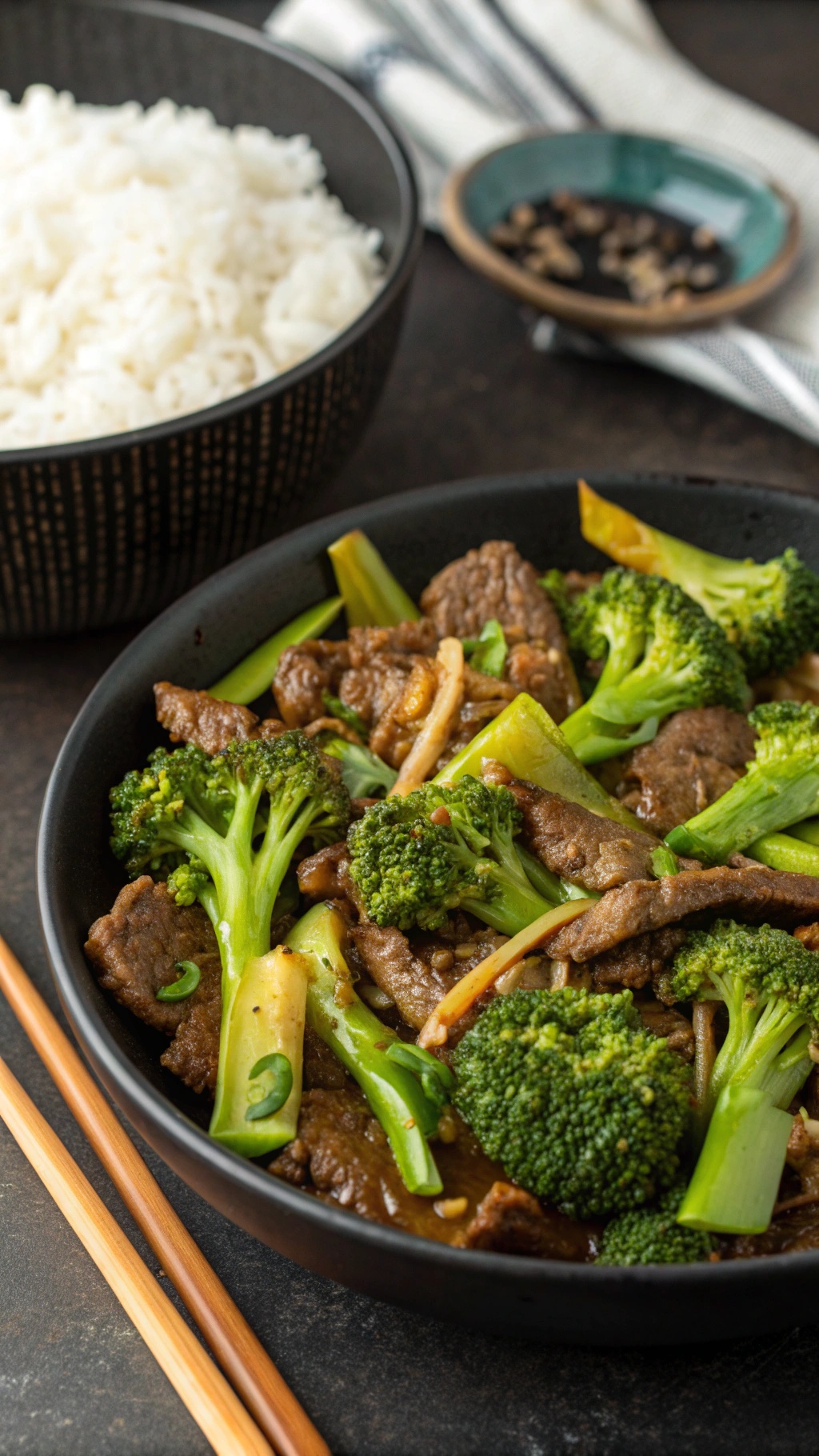 A bowl of beef and broccoli stir-fry with rice on the side