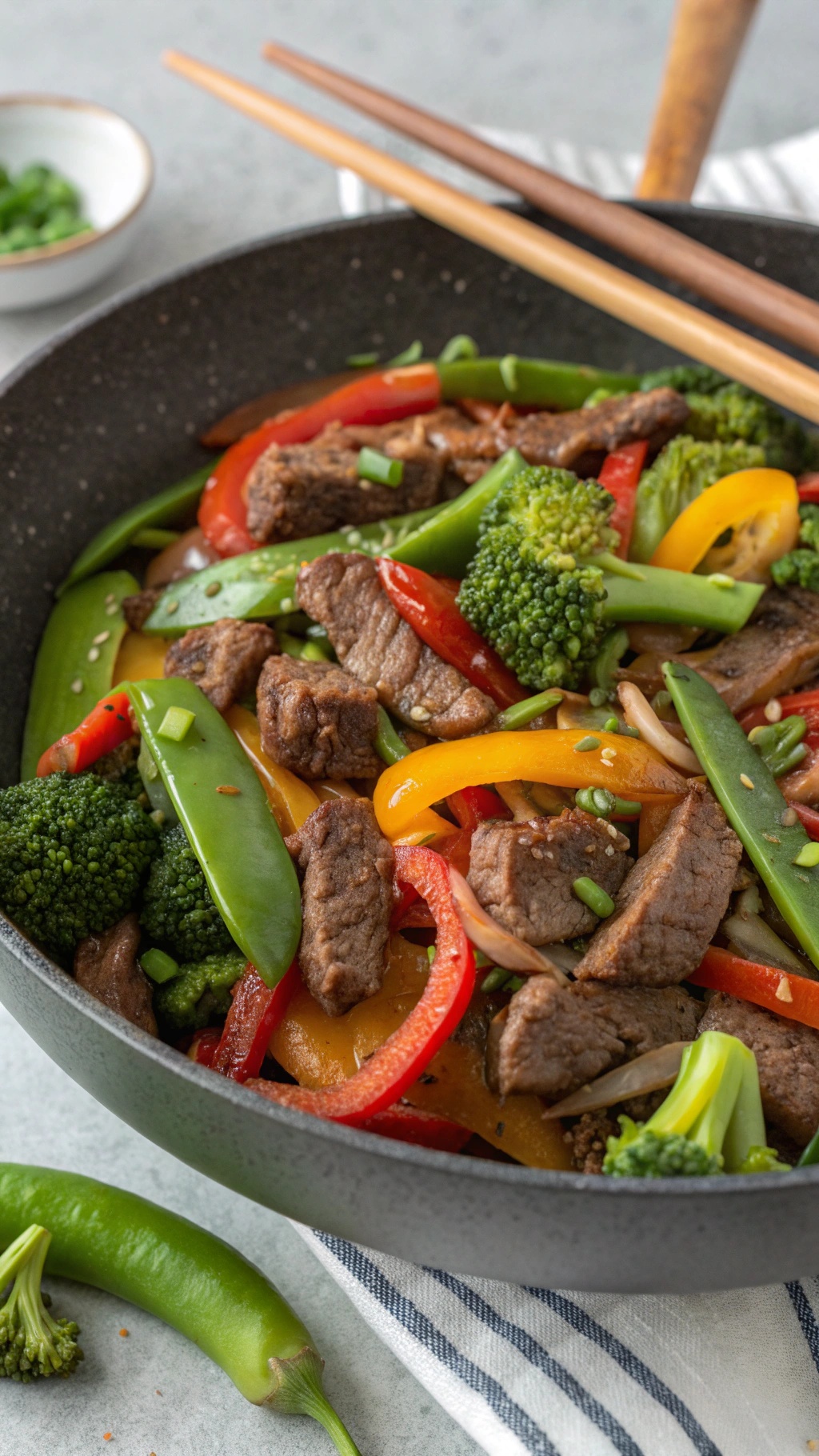 A colorful beef and vegetable stir-fry in a black skillet with chopsticks