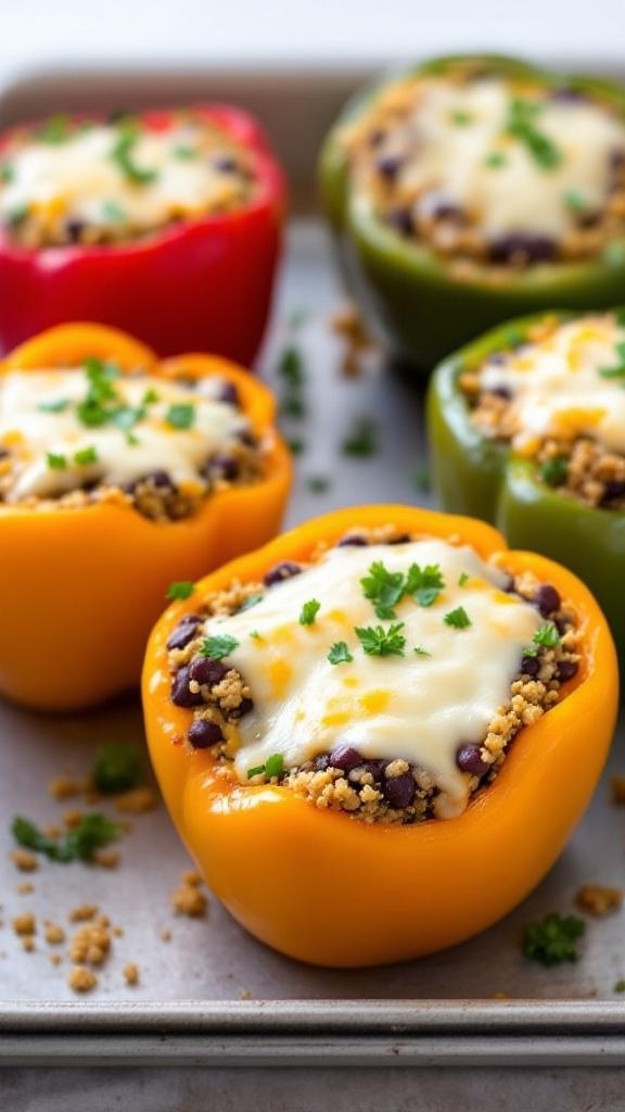 Colorful stuffed bell peppers filled with black beans, quinoa, and cheese