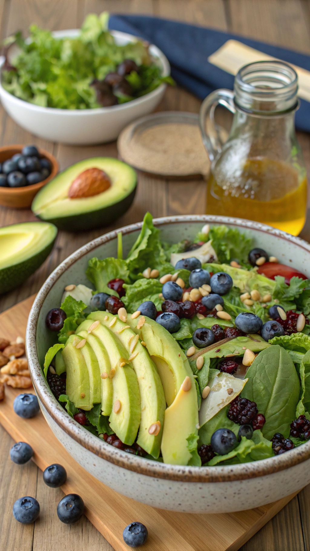 A colorful bowl of blueberry and avocado salad with mixed greens, nuts, and dressing.
