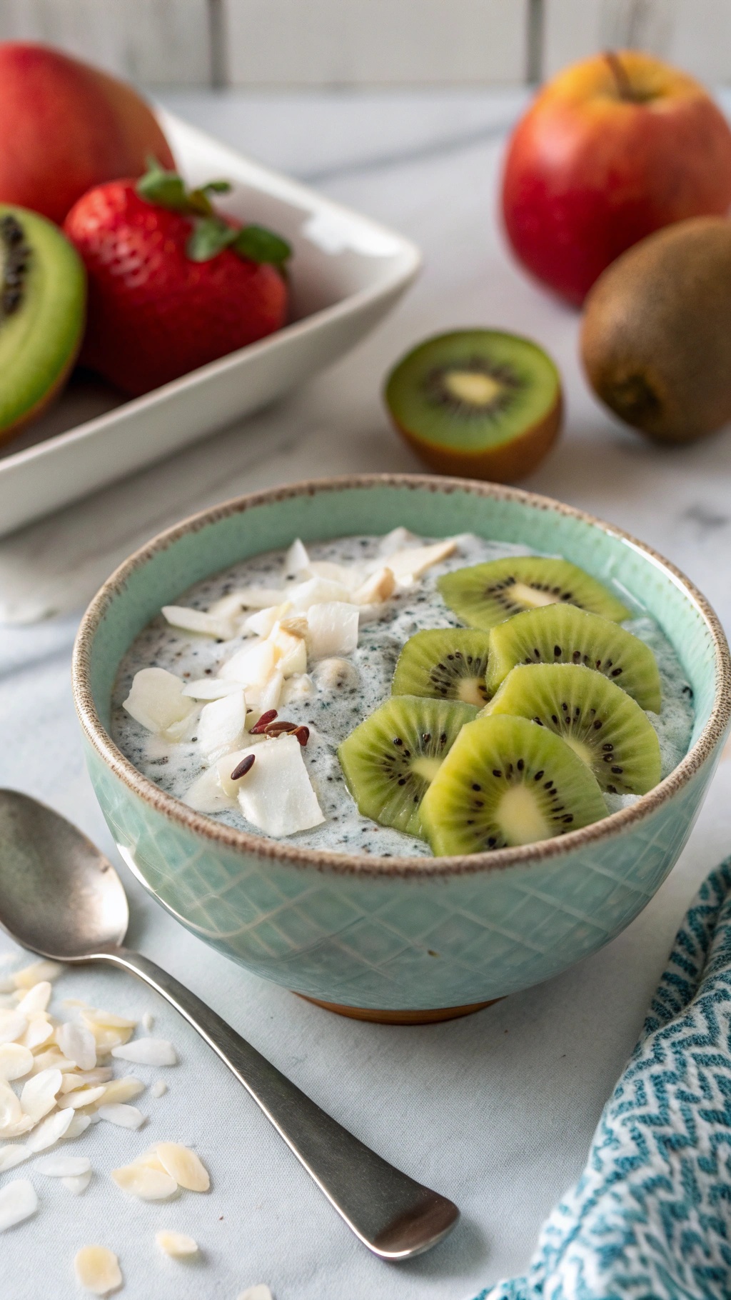 A bowl of chia seed pudding topped with kiwi slices and coconut flakes, with fresh fruits in the background.