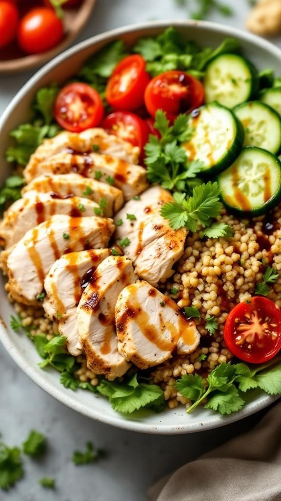 A colorful chicken and quinoa bowl with sliced rotisserie chicken, cherry tomatoes, cucumber, and cilantro.