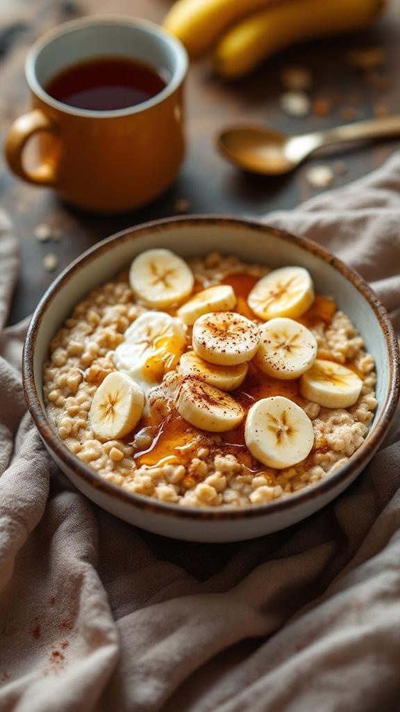 A cozy bowl of oatmeal topped with sliced bananas, honey, and cinnamon, with a cup of coffee in the background.
