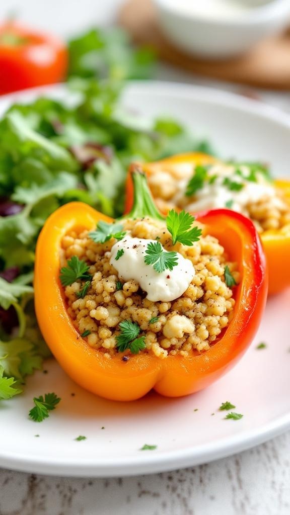 Cottage cheese stuffed peppers on a plate with a side salad