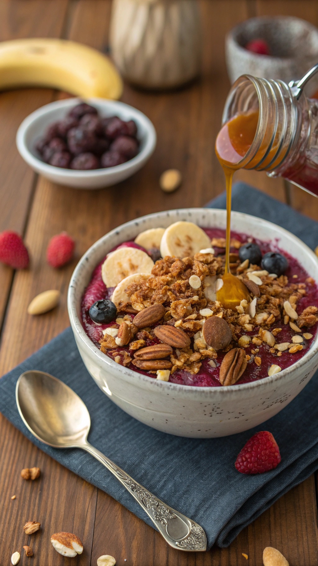A colorful acai bowl topped with granola, nuts, banana slices, and blueberries, with honey being drizzled on top.