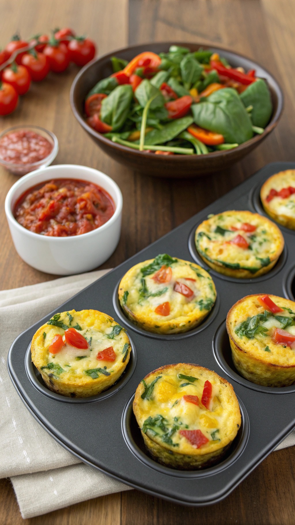 Egg muffins loaded with veggies in a muffin tin, with a side salad and salsa.