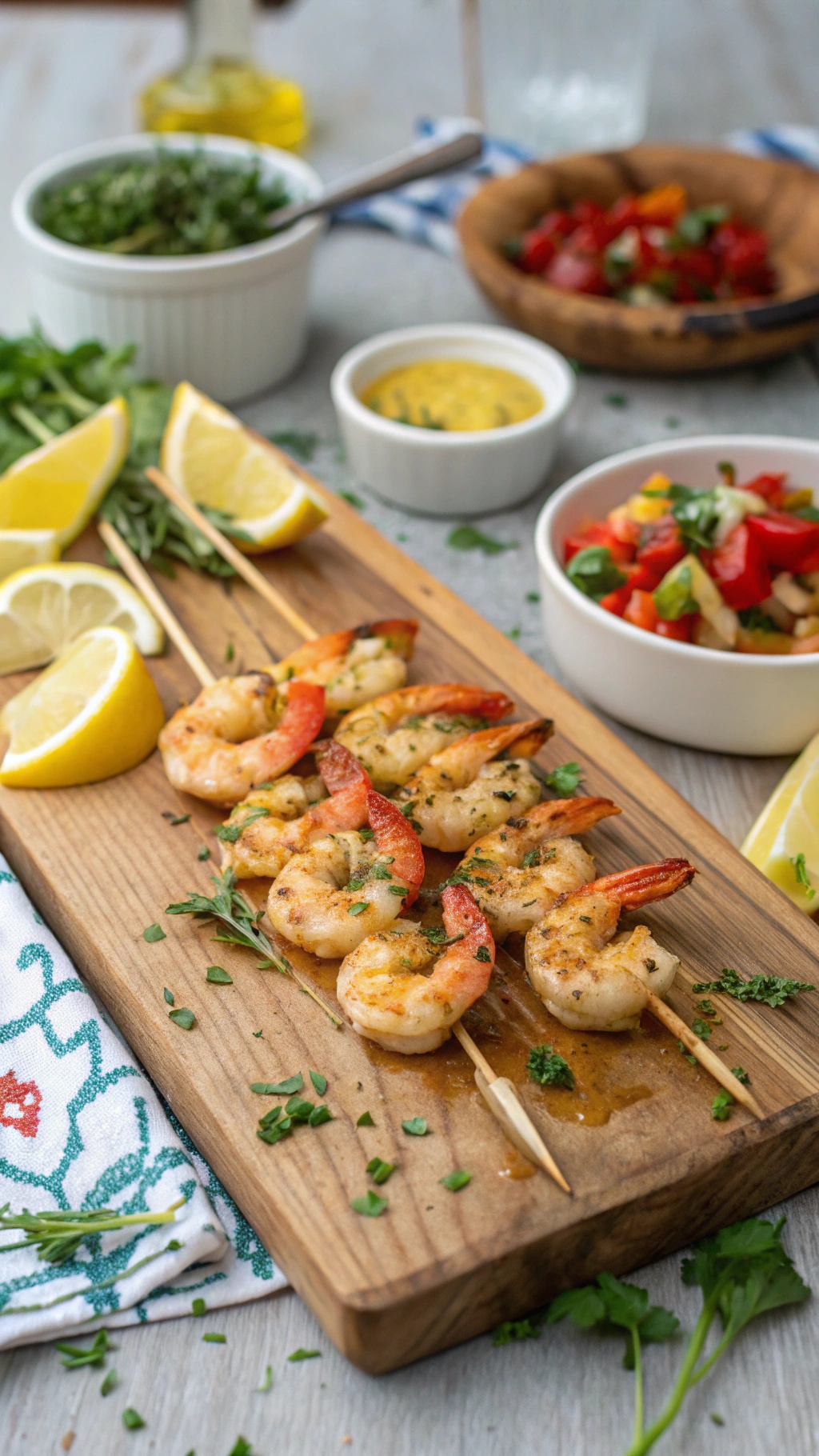 Grilled shrimp skewers with garlic and lemon on a wooden board, garnished with herbs and served with lemon wedges and salsa.