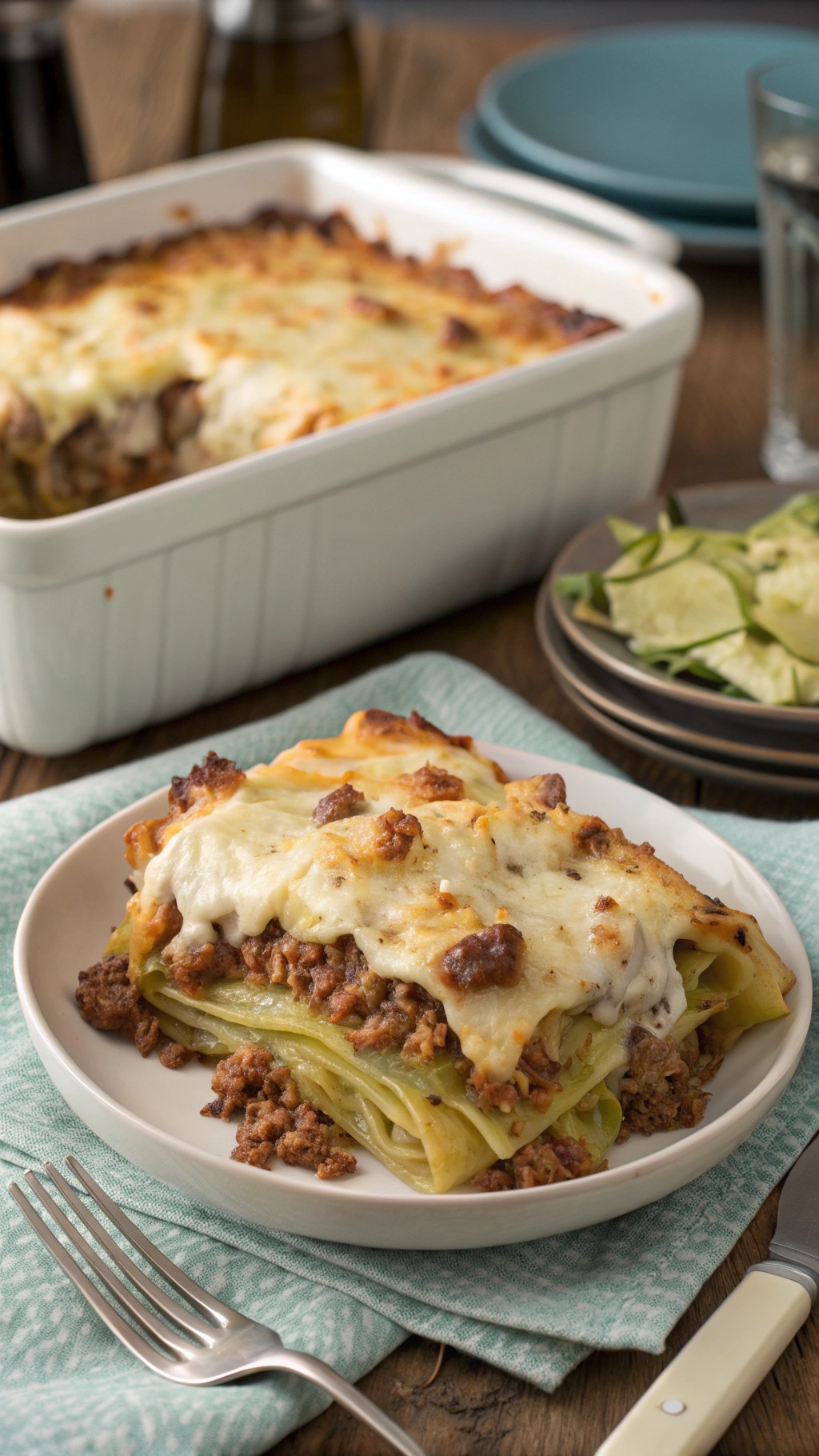 A serving of ground beef and cabbage casserole on a plate, with the casserole dish in the background.
