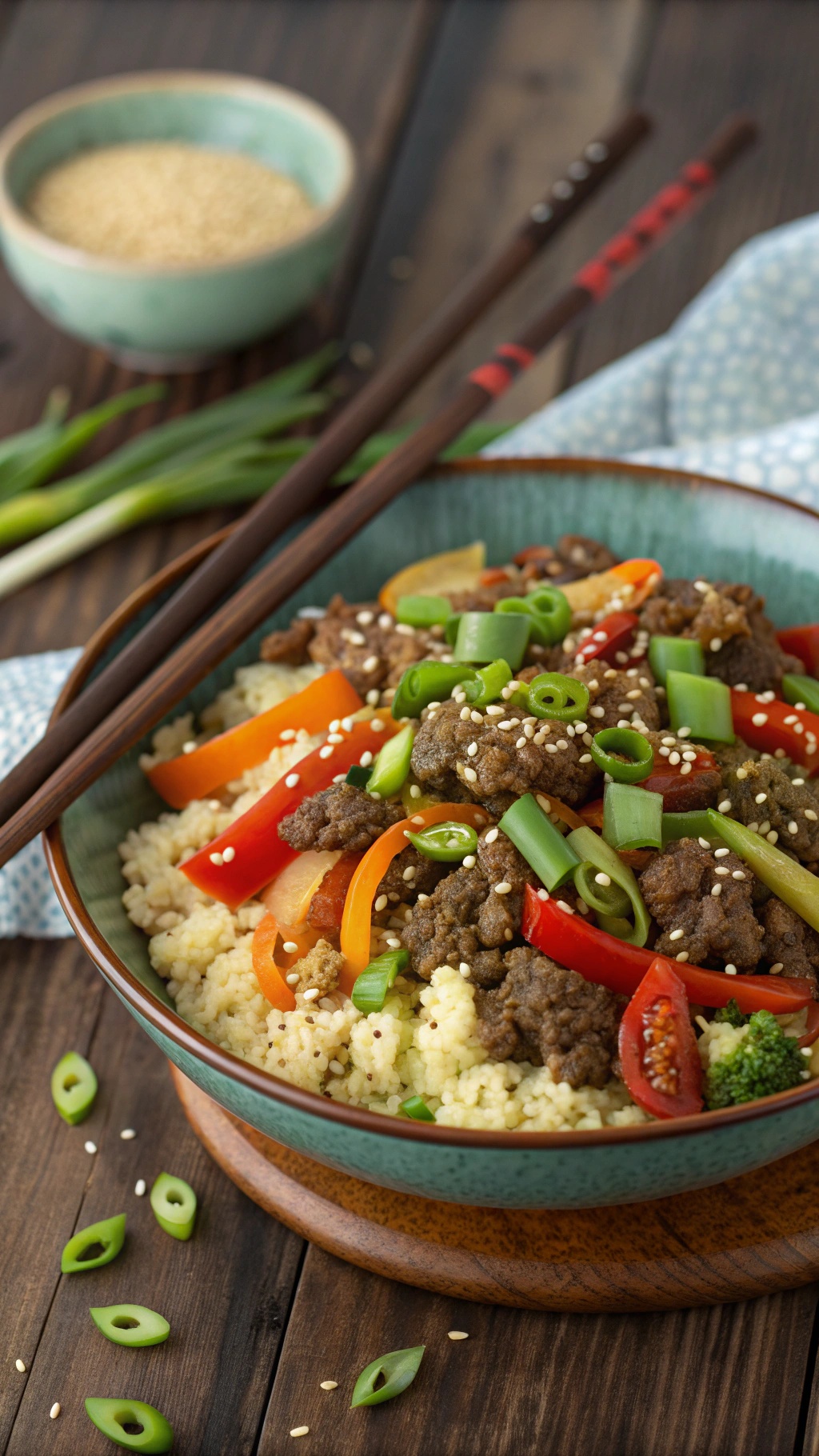 A colorful bowl of ground beef stir-fry with cauliflower rice and vegetables.