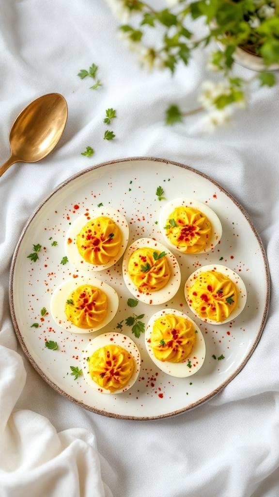 A plate of beautifully decorated deviled eggs topped with paprika and fresh herbs.