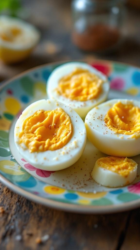 A plate of hard-boiled eggs with creamy yolks, garnished with spices.