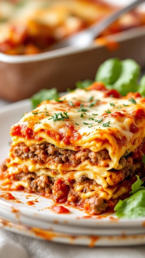A delicious serving of zucchini lasagna with layers of meat, cheese, and sauce.