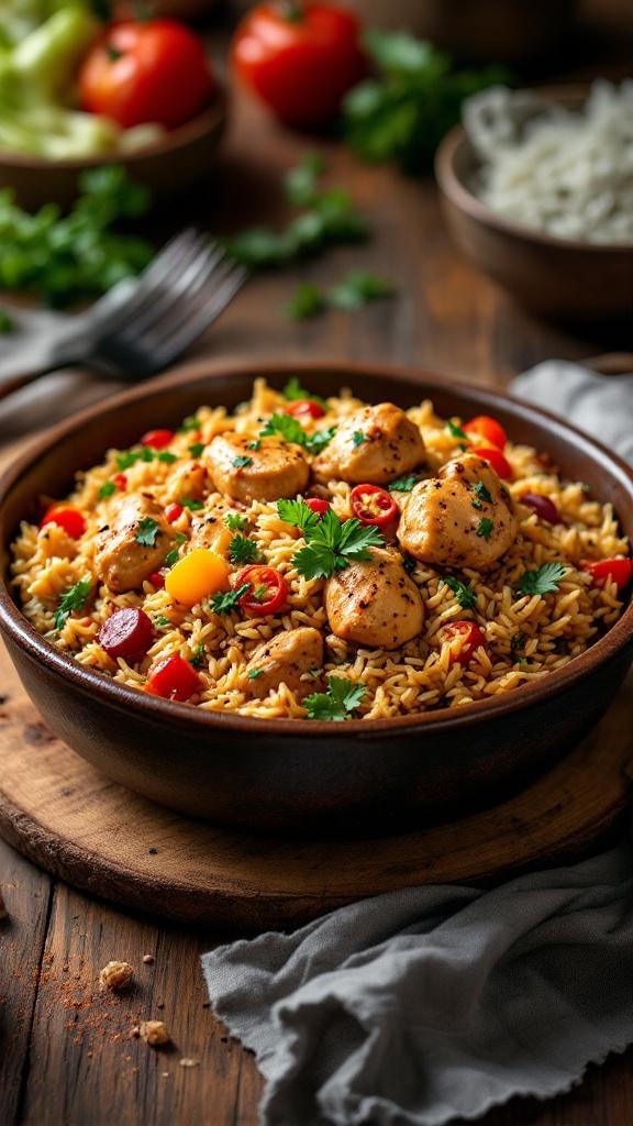 A bowl of one-pot chicken and rice with colorful vegetables and herbs.