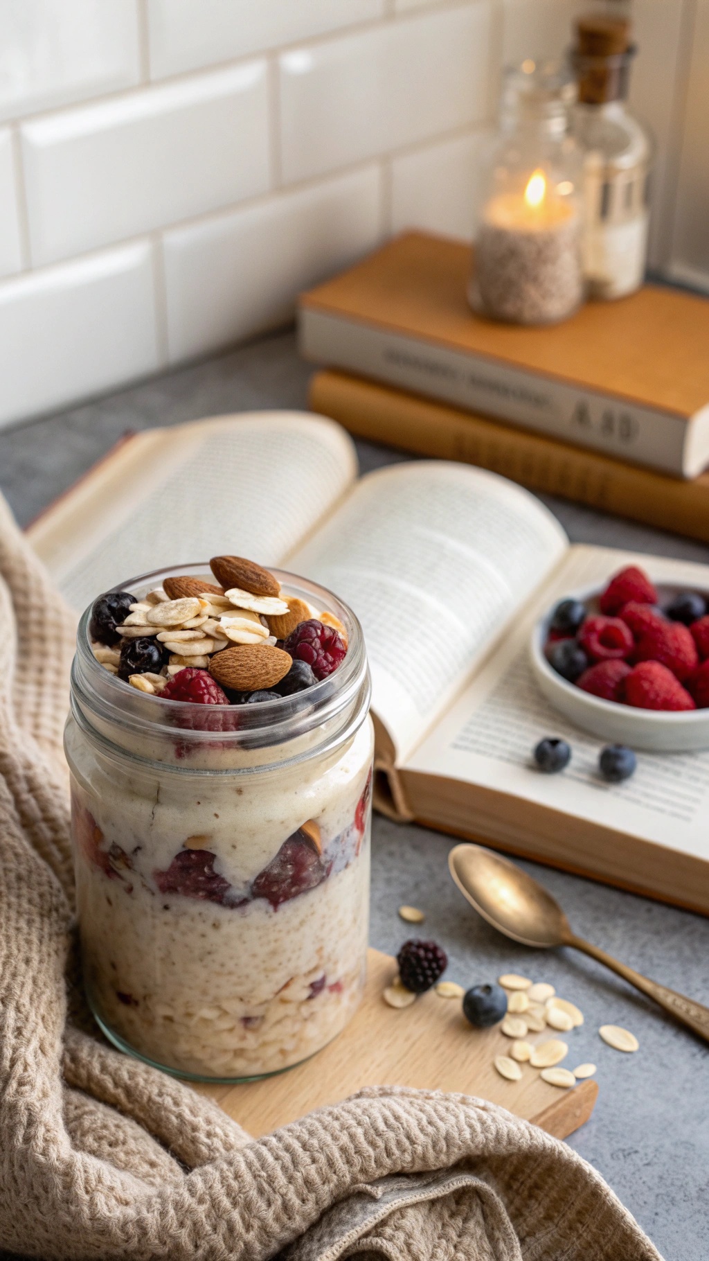 A jar of overnight oats topped with almonds and berries, surrounded by a cozy setting with a book and candle.