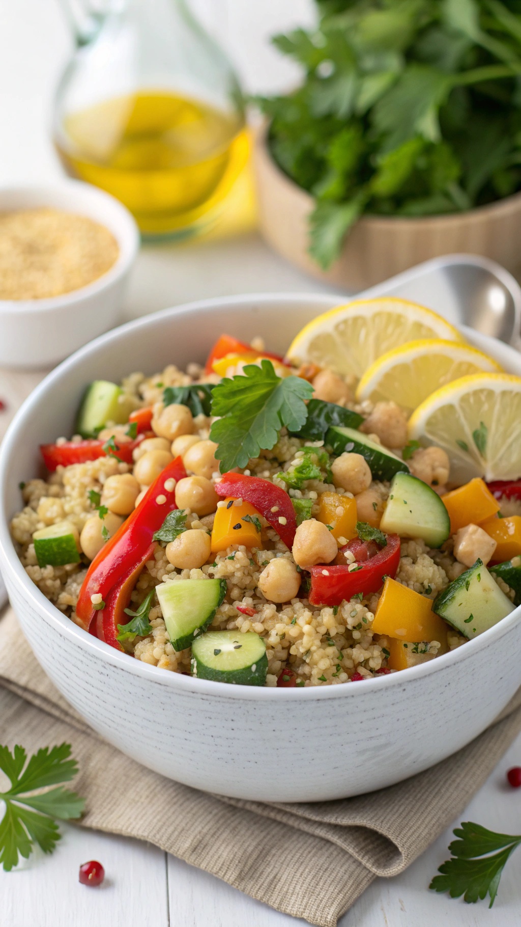 A colorful quinoa salad with chickpeas, bell peppers, cucumbers, and lemon slices.