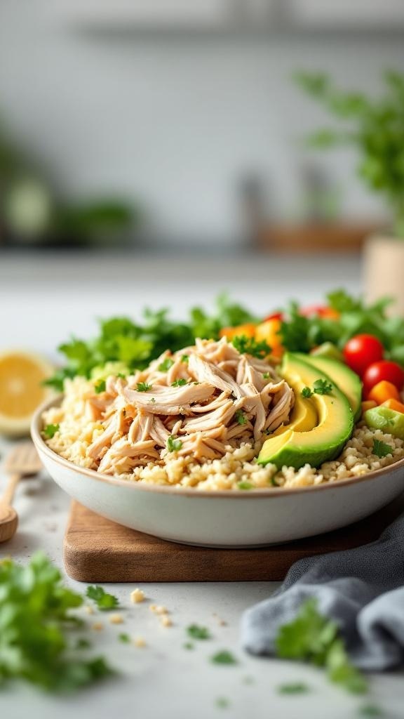 A delicious bowl of rotisserie chicken and cauliflower rice topped with avocado and cherry tomatoes.
