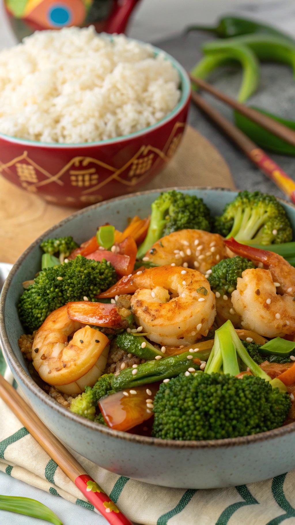 A bowl of shrimp and broccoli stir-fry with rice in the background.
