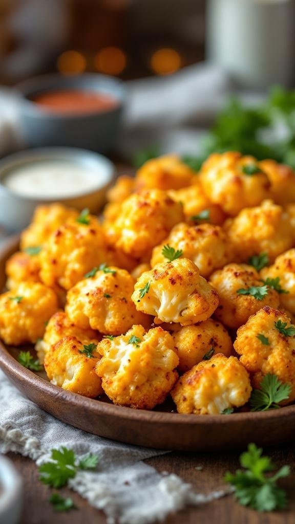 A plate of cheesy cauliflower bites garnished with parsley, served with dipping sauces.