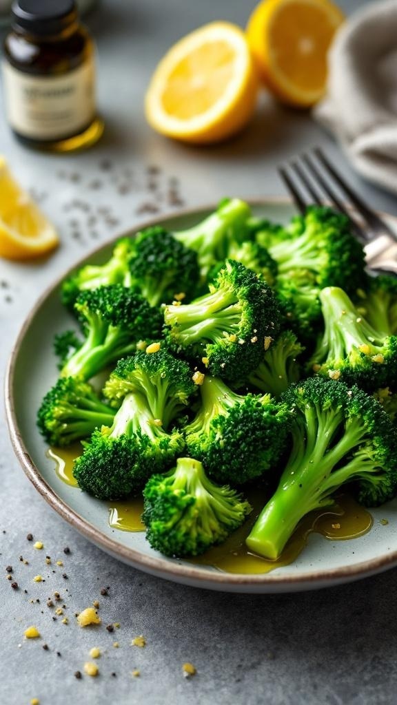 A plate of steamed broccoli with lemon slices and olive oil