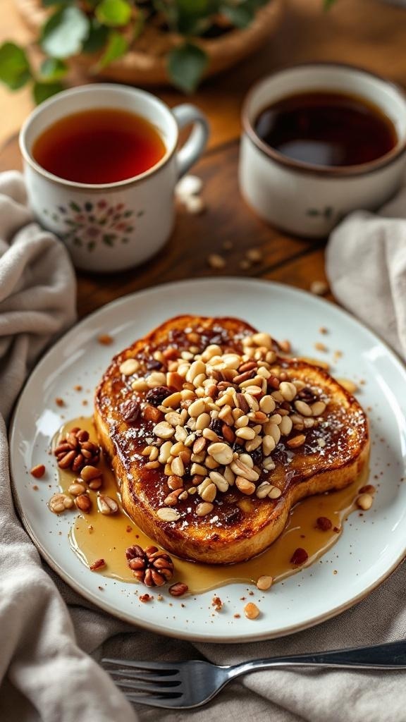A plate of French toast topped with honey and mixed nuts, served with cups of tea.