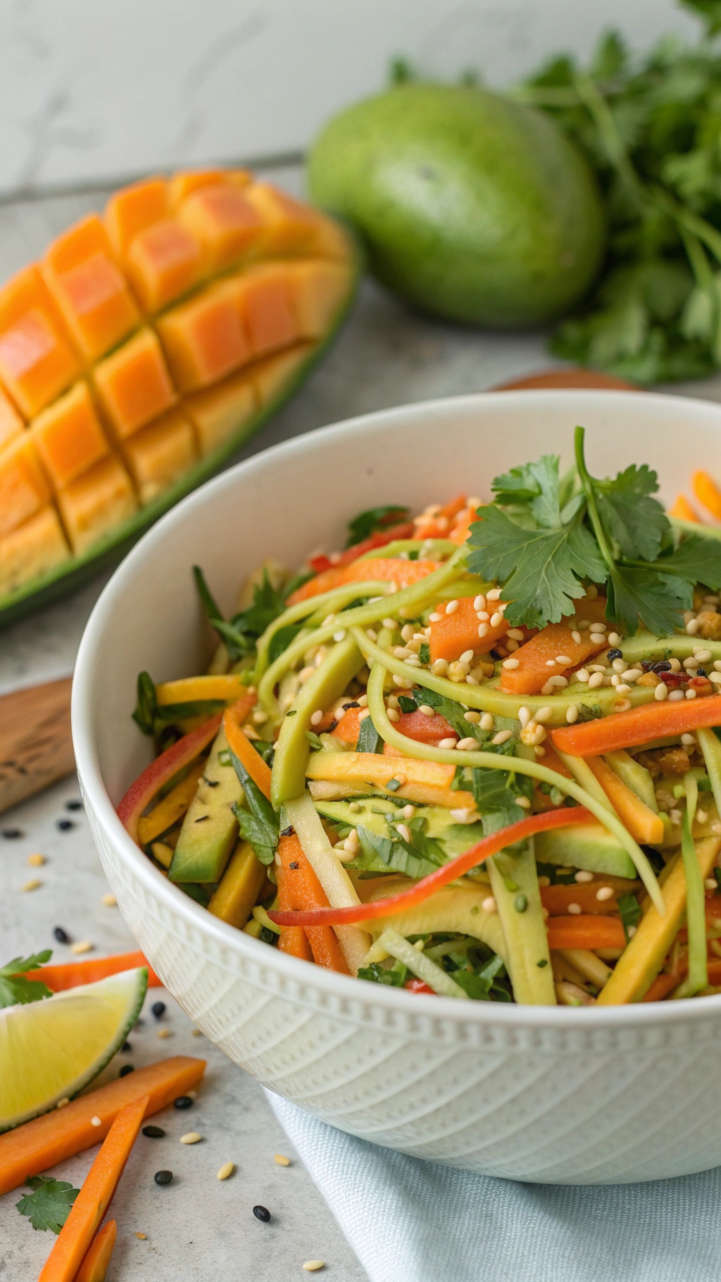 A colorful bowl of Thai Mango Salad with fresh ingredients like mango, carrots, and bell peppers.