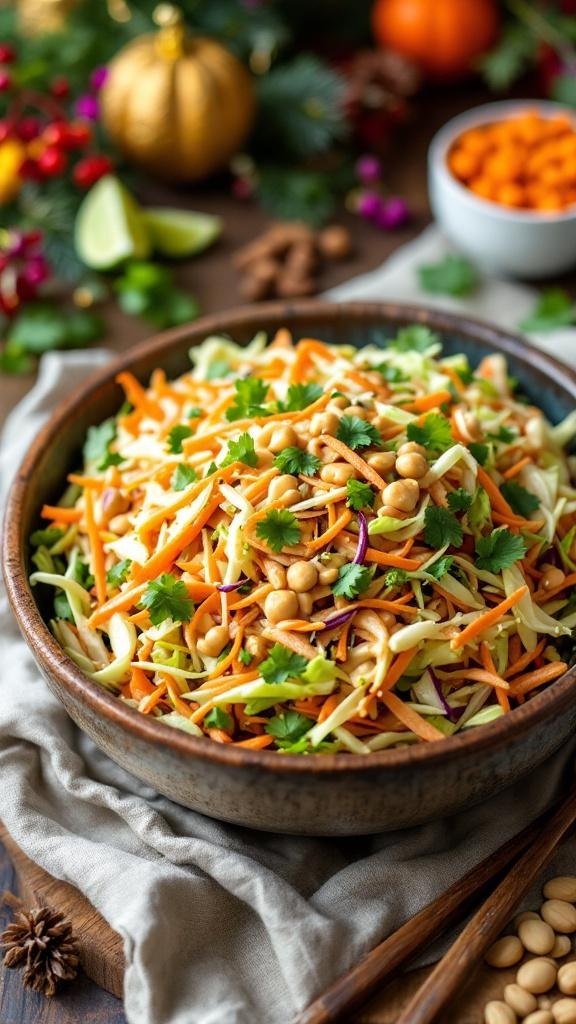 A vibrant bowl of Thai Peanut Slaw with shredded cabbage, carrots, and peanuts, garnished with cilantro.