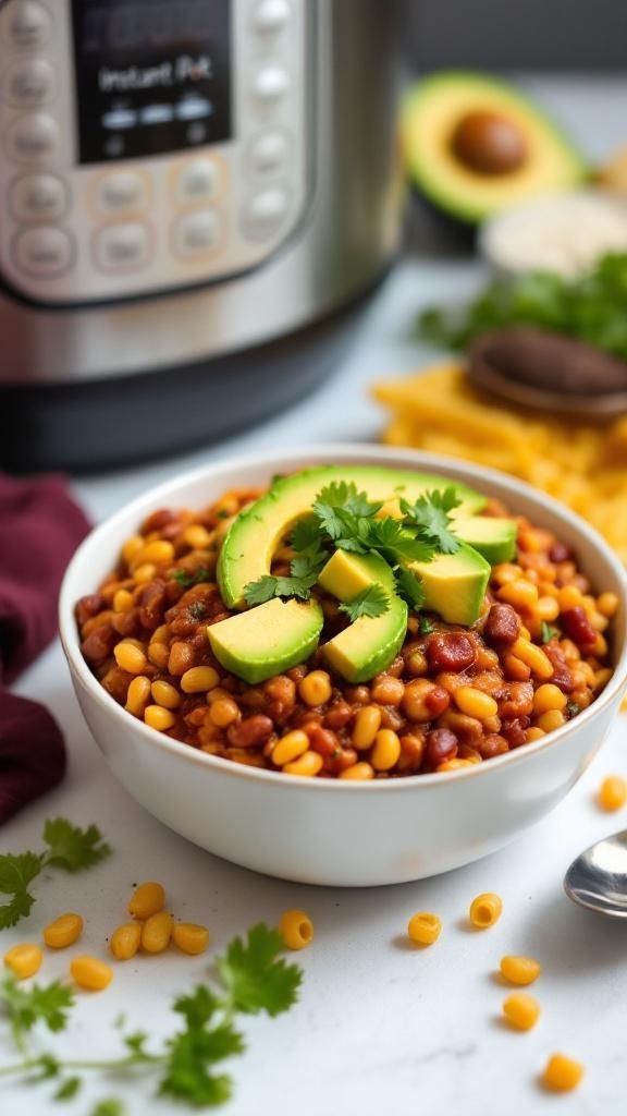 A bowl of vegan chili mac topped with avocado and cilantro, next to an Instant Pot.