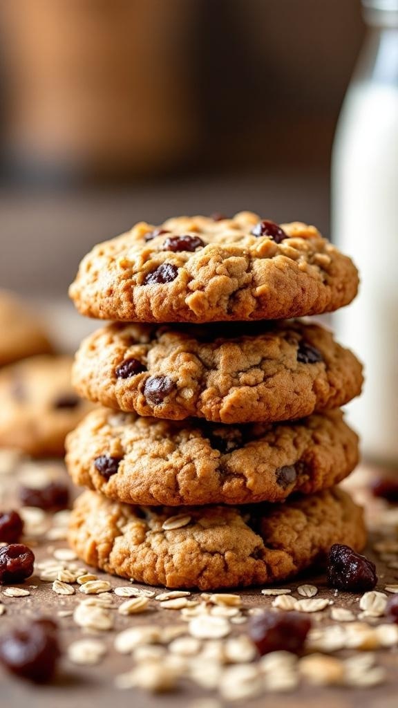 A stack of vegan oatmeal raisin cookies with oats and raisins scattered around.