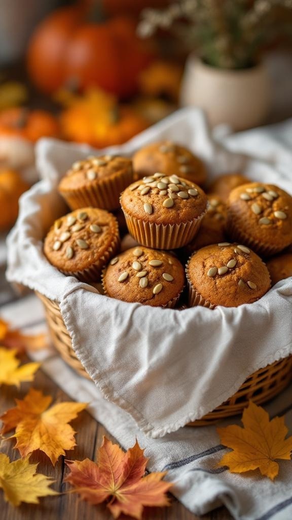 A basket of whole wheat pumpkin spice muffins topped with pumpkin seeds, surrounded by autumn leaves and pumpkins.