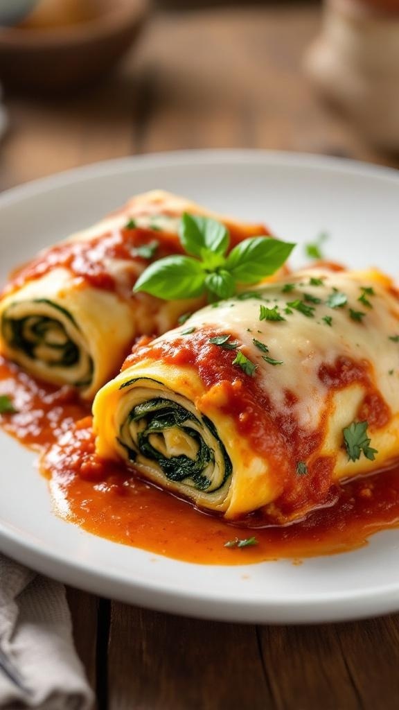 Zucchini lasagna rolls topped with marinara sauce and fresh basil on a white plate.