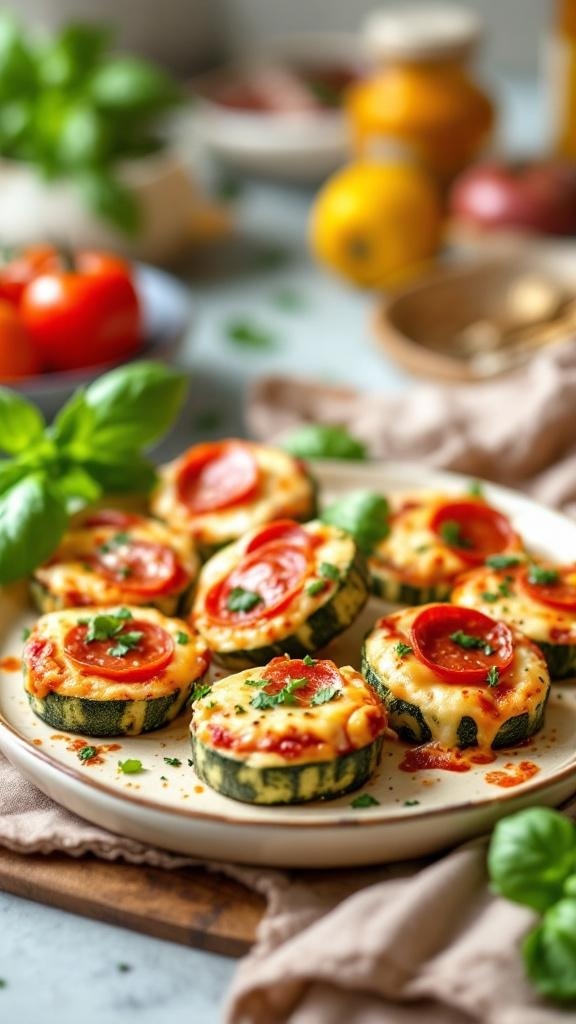 A plate of zucchini pizza bites topped with cheese and pepperoni, garnished with basil.