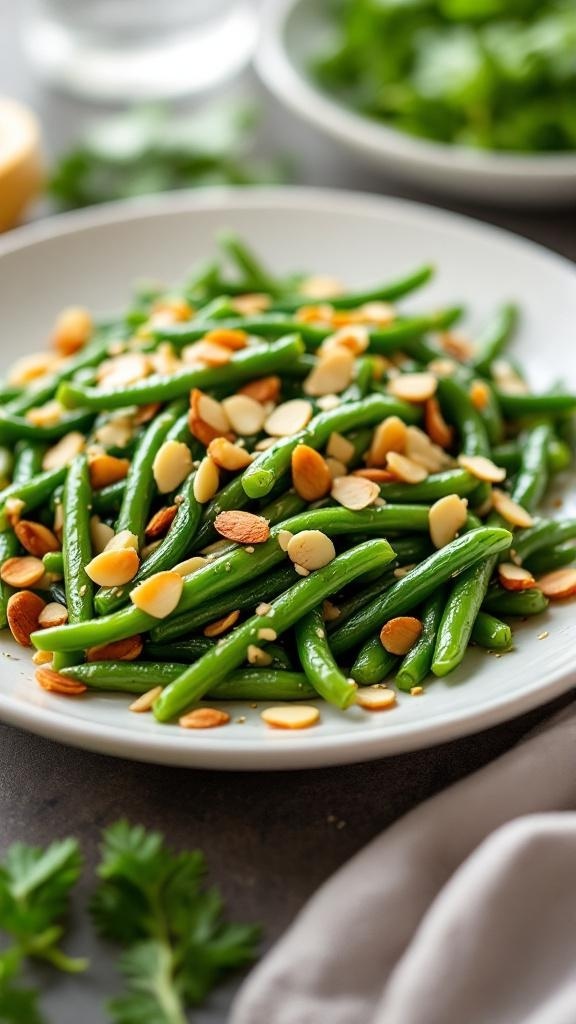A plate of sautéed green beans topped with sliced almonds.