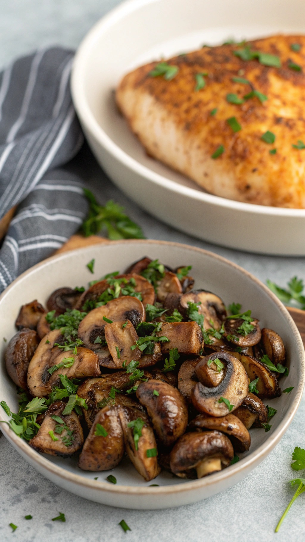 A bowl of sautéed mushrooms garnished with parsley, next to an air-fried chicken breast.