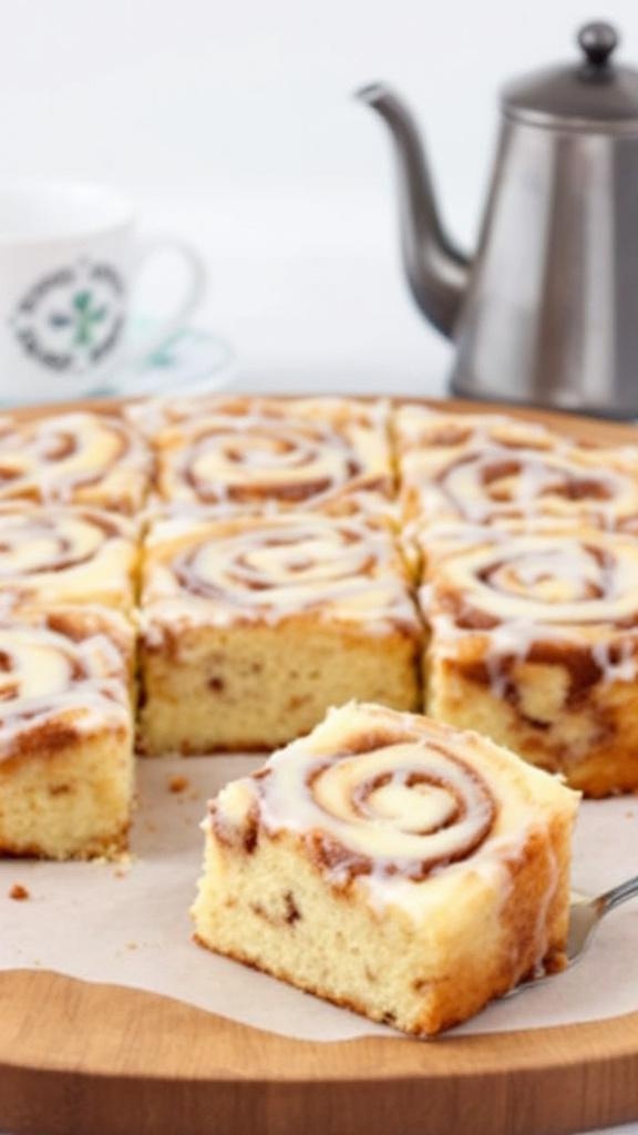 A delicious one-bowl cinnamon roll cake, sliced and drizzled with icing, served on a wooden board with a coffee pot and cup in the background.
