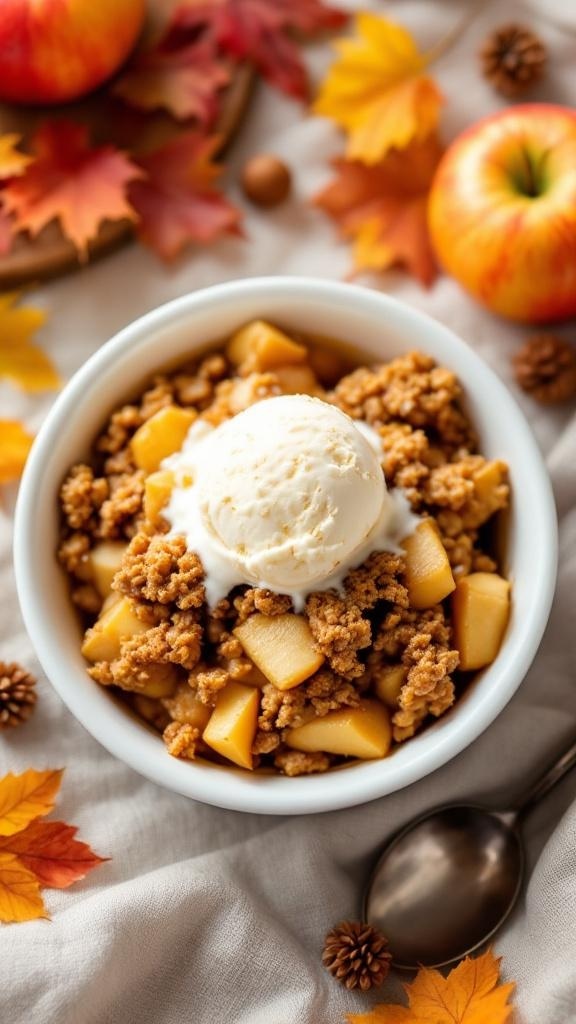 A bowl of maple apple crisp with ice cream on top, surrounded by autumn leaves and apples.