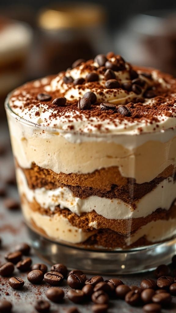 A delicious layered tiramisu dessert topped with cocoa powder and coffee beans.