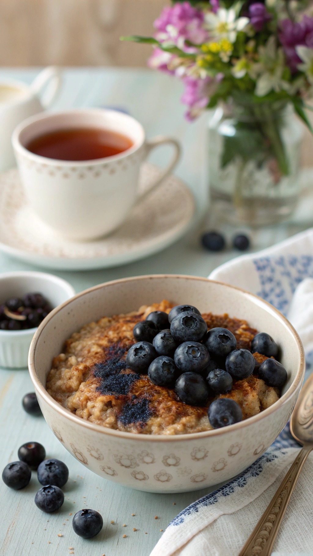 A bowl of low-sugar blueberry oatmeal topped with fresh blueberries, with a cup of tea and flowers in the background.