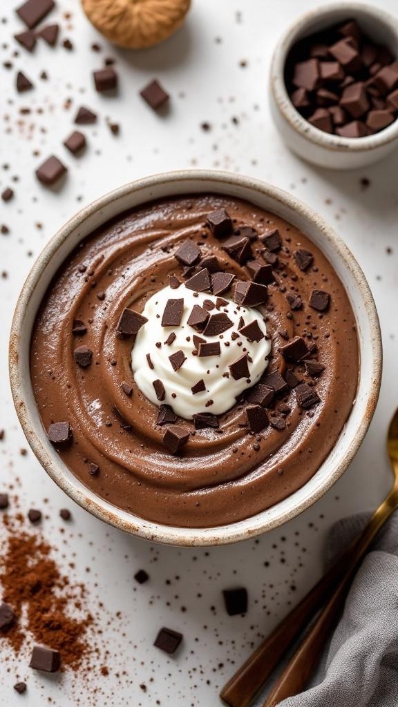 A bowl of chocolate chia seed pudding topped with whipped cream and chocolate chunks.