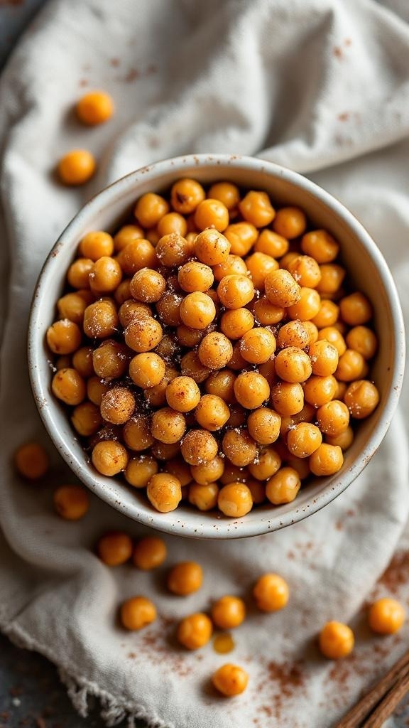 A bowl of roasted chickpeas seasoned with honey and cinnamon, surrounded by scattered chickpeas on a cloth.