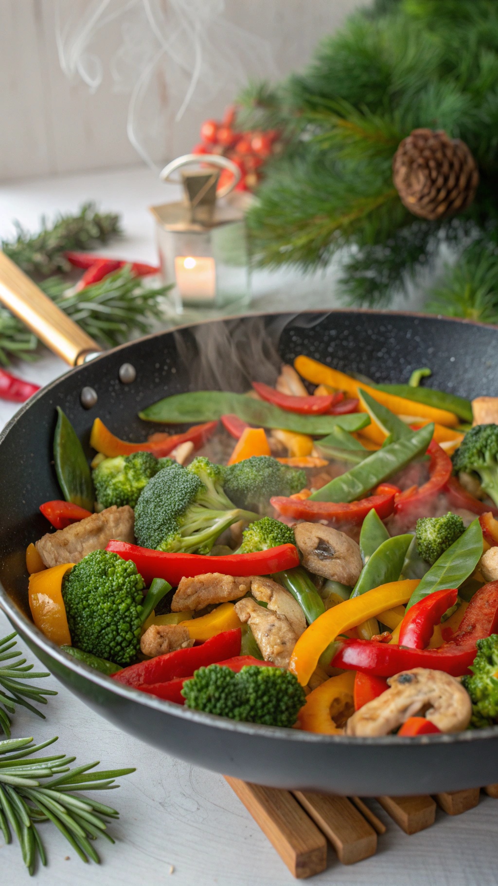 A colorful turkey stir-fry with broccoli, bell peppers, and snap peas in a skillet.