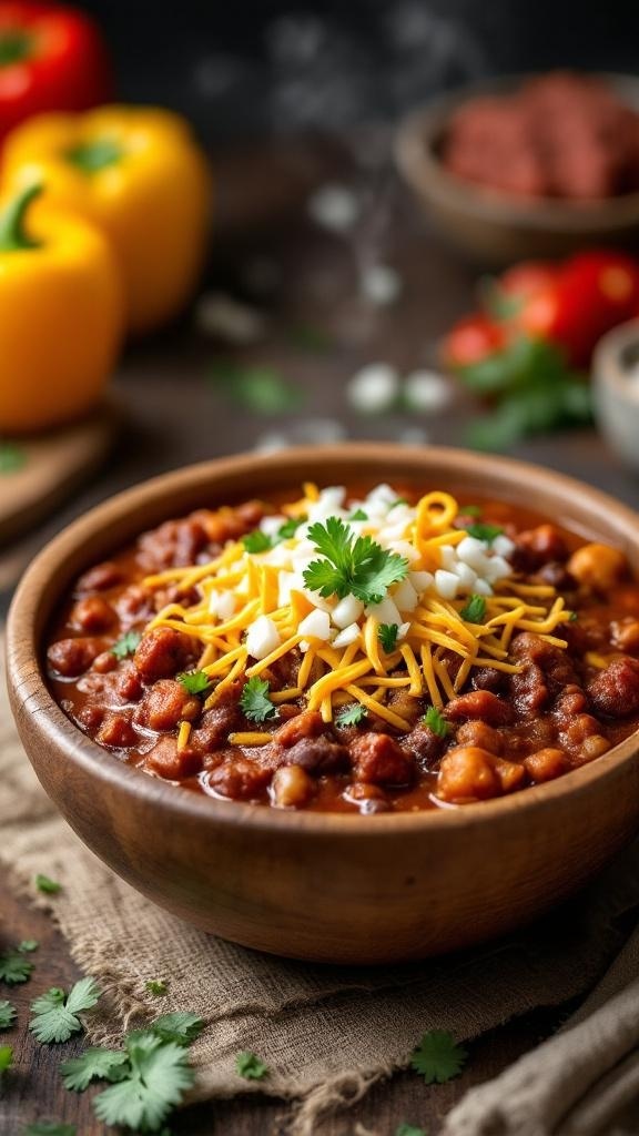 A bowl of classic keto chili topped with cheese and cilantro, surrounded by fresh ingredients.