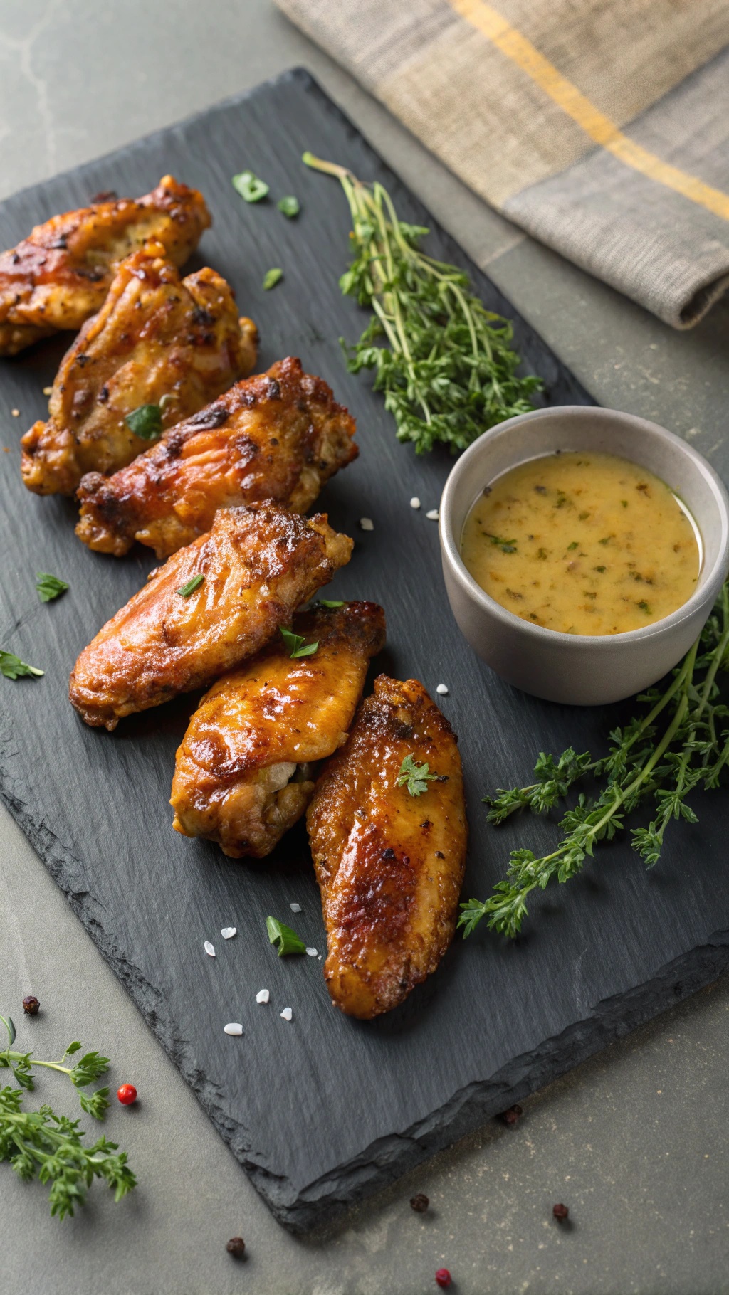 Delicious maple mustard chicken wings on a slate platter with a dipping sauce.