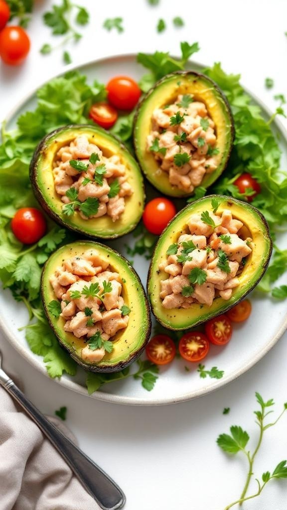Savory avocado and tuna salad bites on a plate with cherry tomatoes and greens.