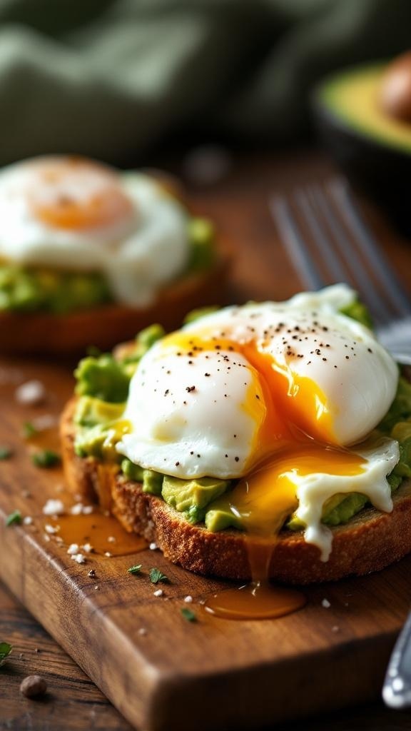 A slice of avocado toast topped with a poached egg, with a runny yolk and sprinkled with pepper.