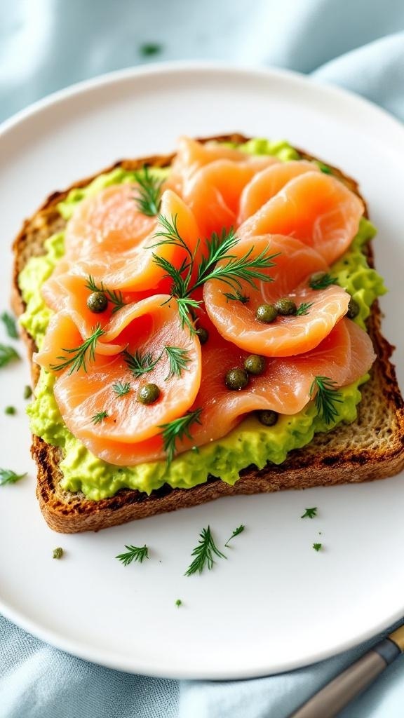 Avocado toast topped with smoked salmon, capers, and dill on a plate.