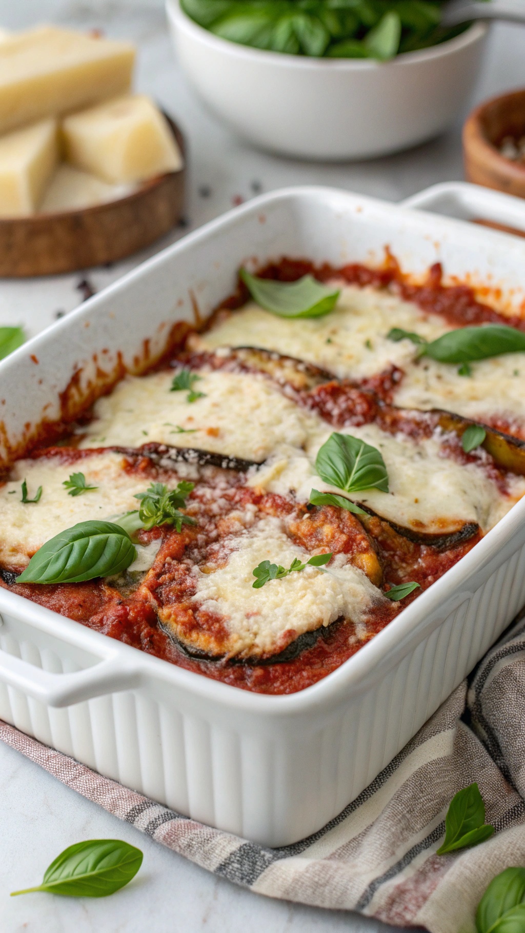 A dish of baked eggplant parmesan with melted cheese and fresh basil on top.