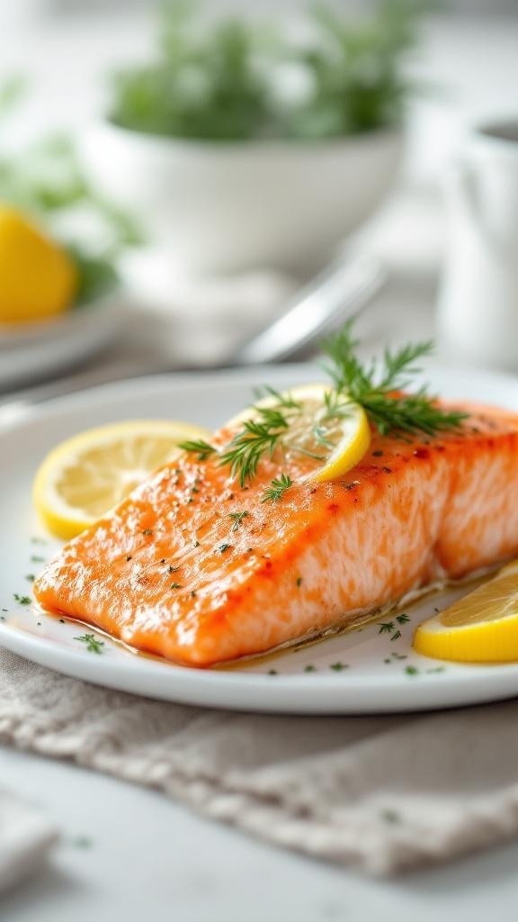 Baked salmon fillet garnished with dill and lemon slices on a white plate