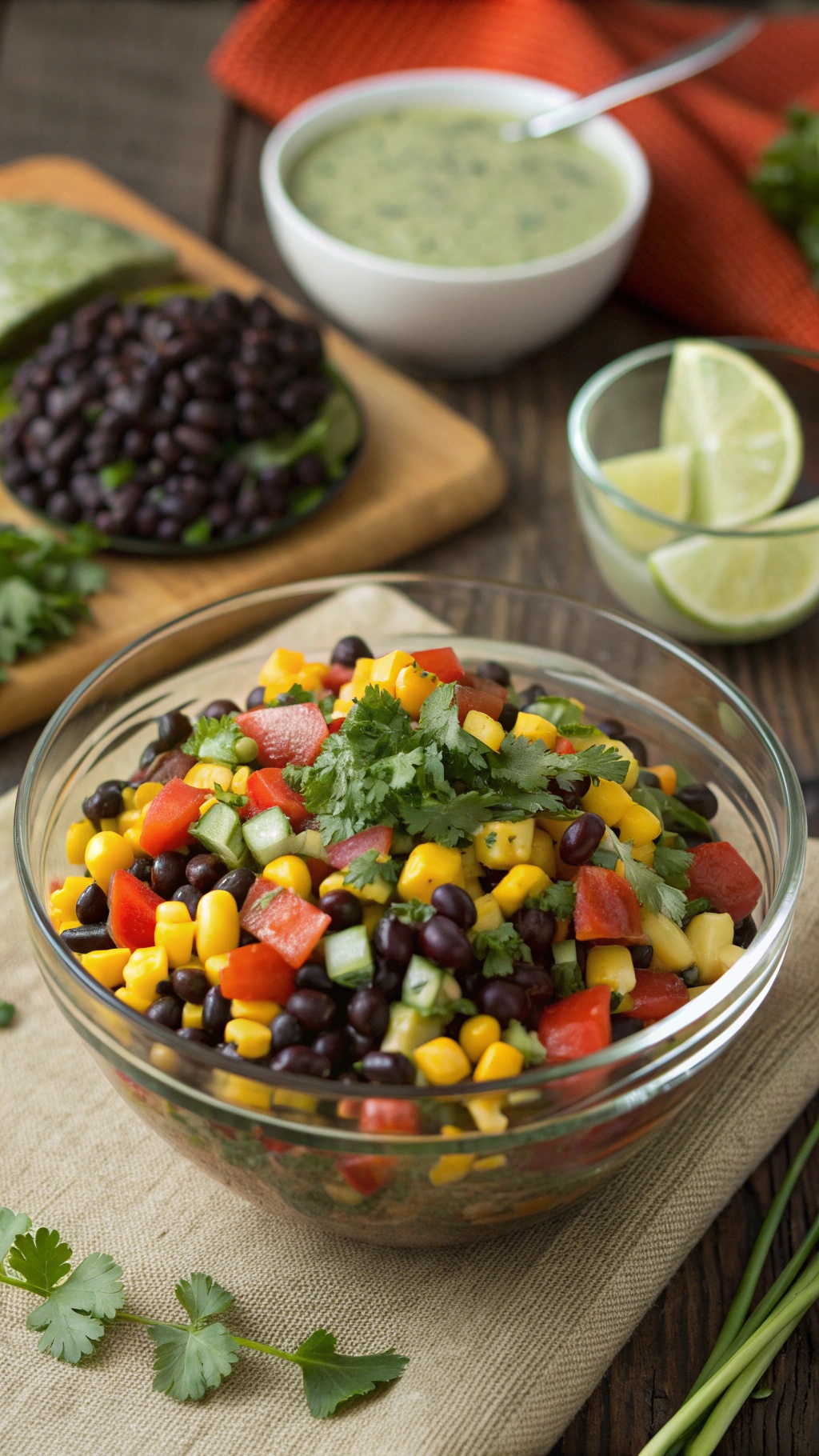 A vibrant bowl of Savory Bean and Corn Salad with black beans, corn, diced red bell pepper, cucumber, and fresh cilantro.